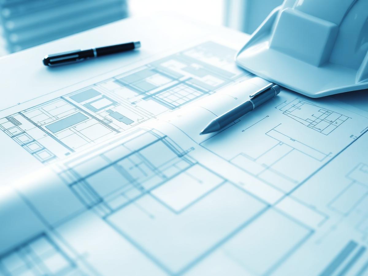 Architectural drawings and hard hat during a building envelope drawing review